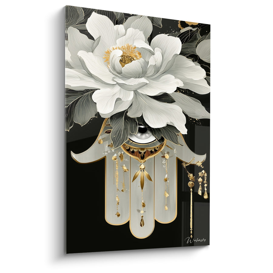 White Flower and Gold Pendant Artwork - Protective Grace - Hand of Fatima Edition