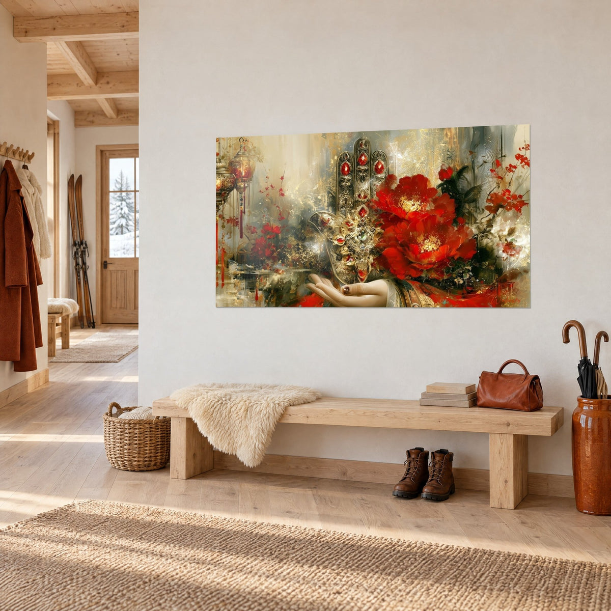 Tableau talisman hamsa en or ouvragé, grandes fleurs écarlates et lanternes, sur un mur blanc au-dessus d'un banc de chalet