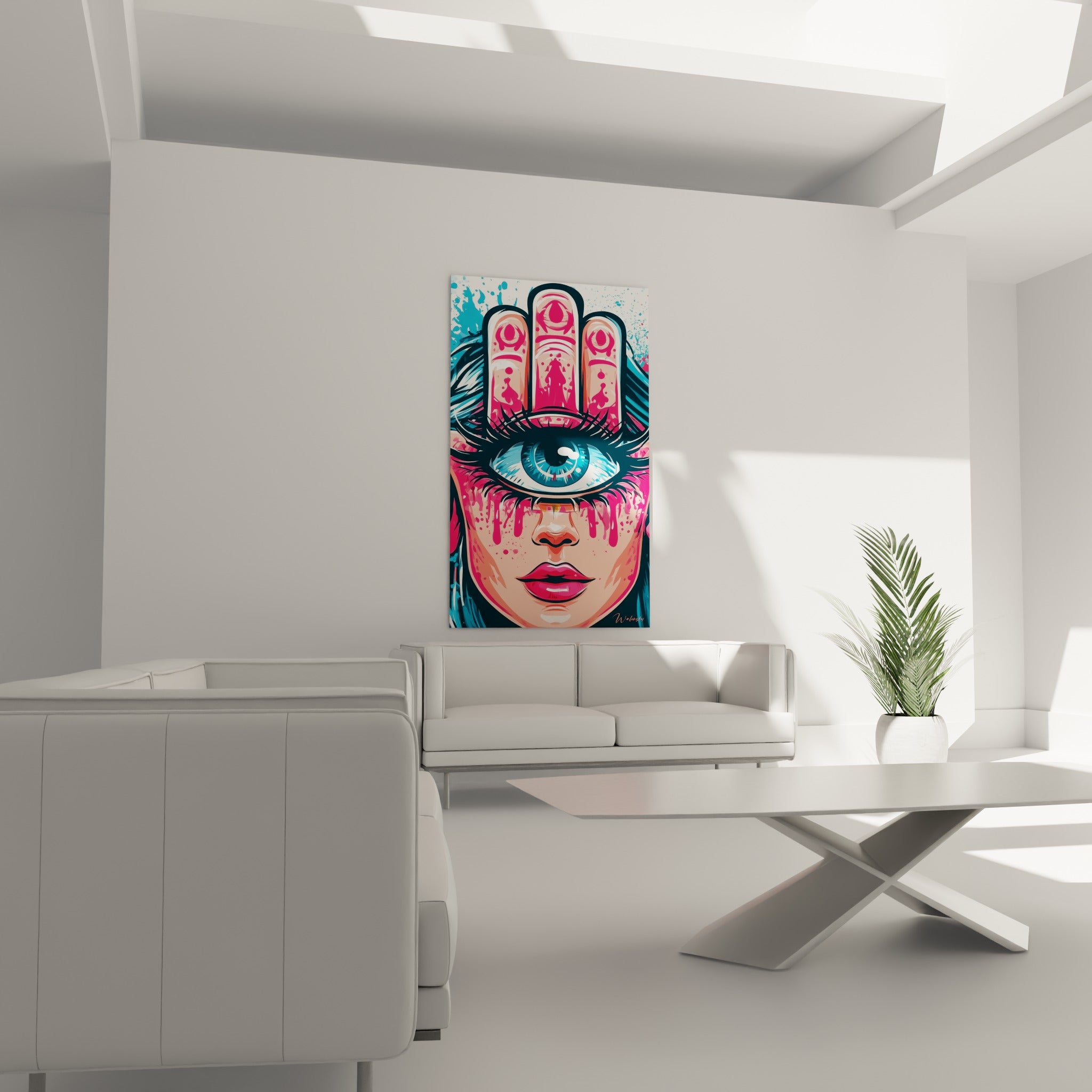 Portrait pop art rose et turquoise avec main de fatma stylisée au-dessus d'un canapé dans un salon lumineux