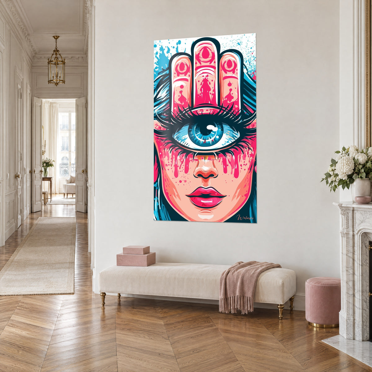 Wall art pink and black Fatma hand resting on a turquoise eye ringed with thick lashes, raspberry drips, white wall of a Haussmann-style hallway