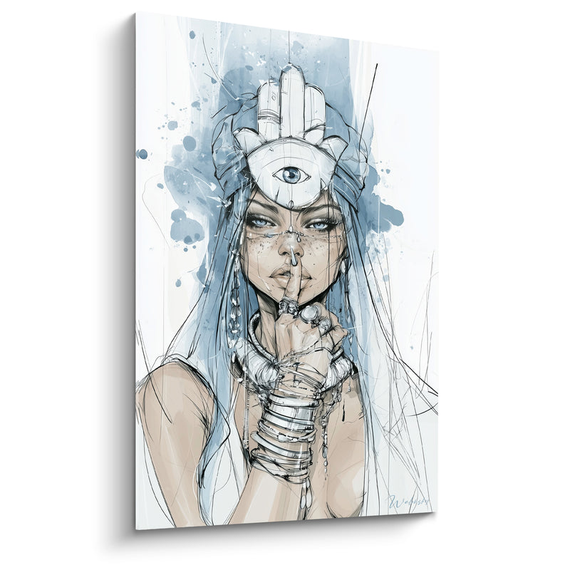 Tableau Femme au geste silencieux coiffe main de fatma - Secret gardé - Edition Main de fatma