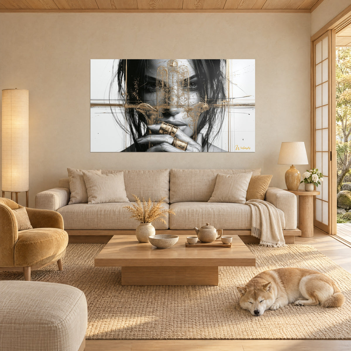 Cuadro rostro de mujer de mirada intensa, mechones negros y velo dorado, Shiba dormido encima de un sofá en un salón luminoso