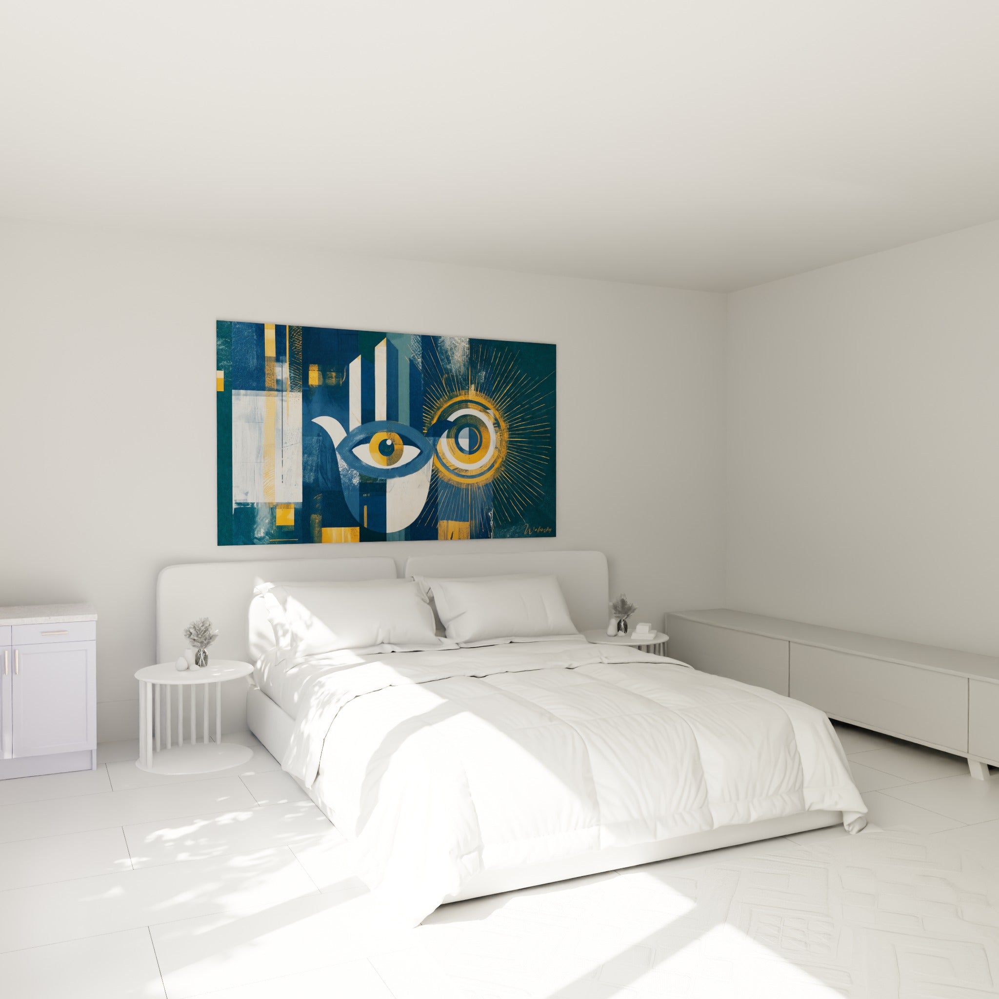 Symbole protecteur bleu marine et ocre au-dessus d'un lit dans une chambre claire