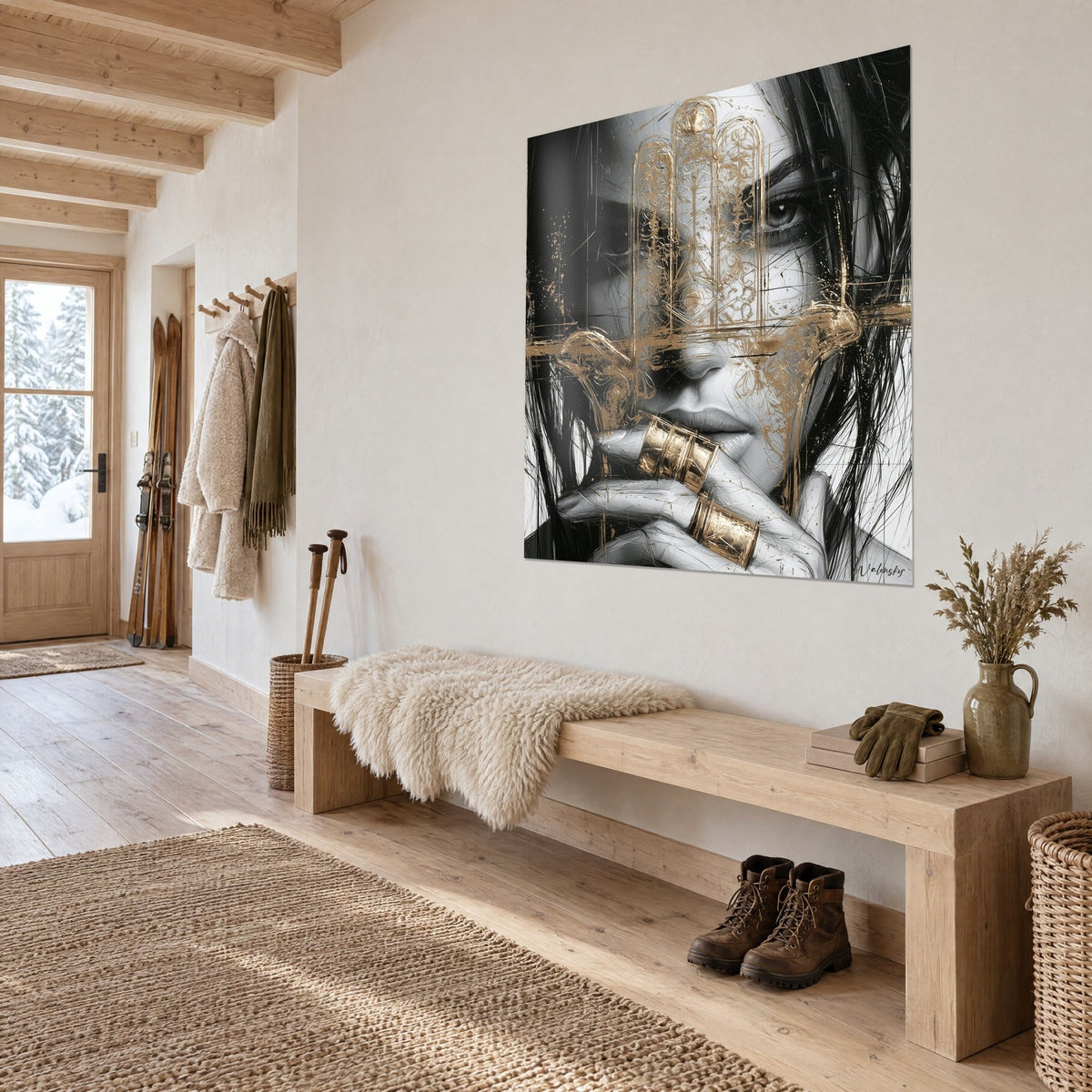 Tableau visage féminin voilé de coulures d'or, bagues cuivrées sur la main, vu de trois quarts dans une entrée en bois clair de chalet