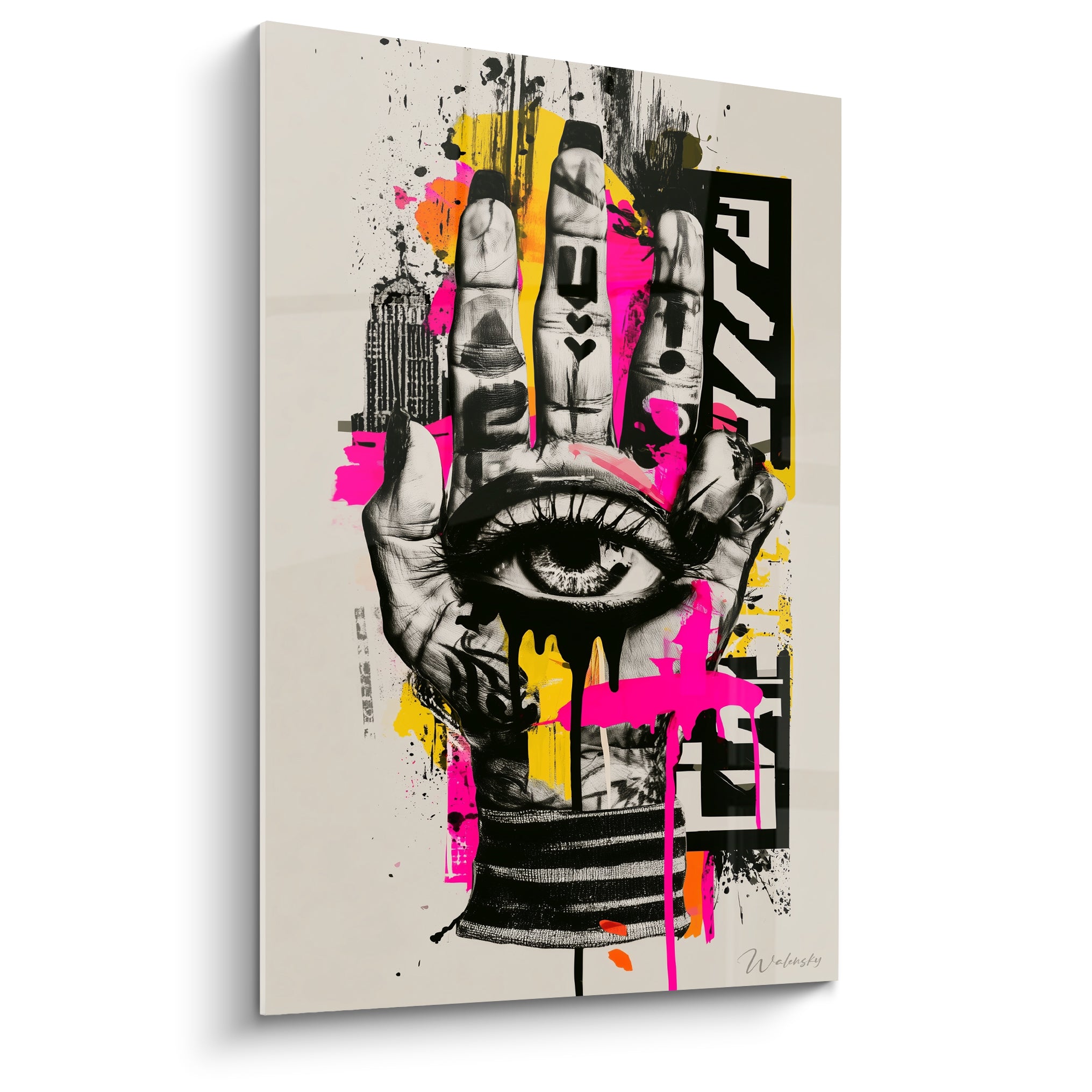Main de fatma noir et blanc éclaboussée de rose fuchsia et jaune, œil central graphique