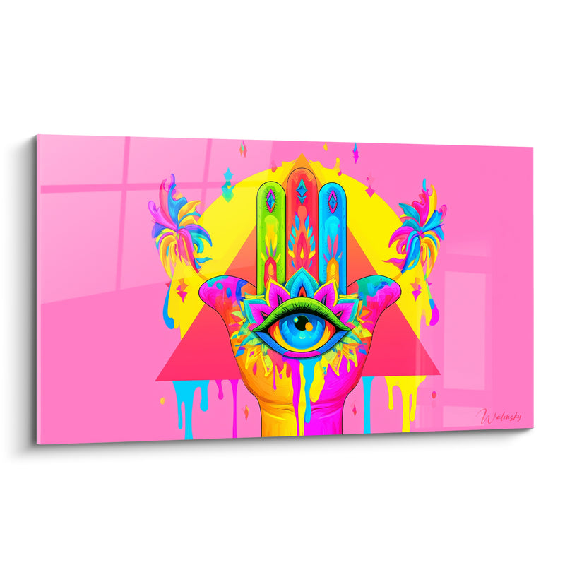 Tableau Main de fatma rose et jaune arc-en-ciel ruisselante - Triangle rouge et palmiers stylisés - Edition Main de fatma