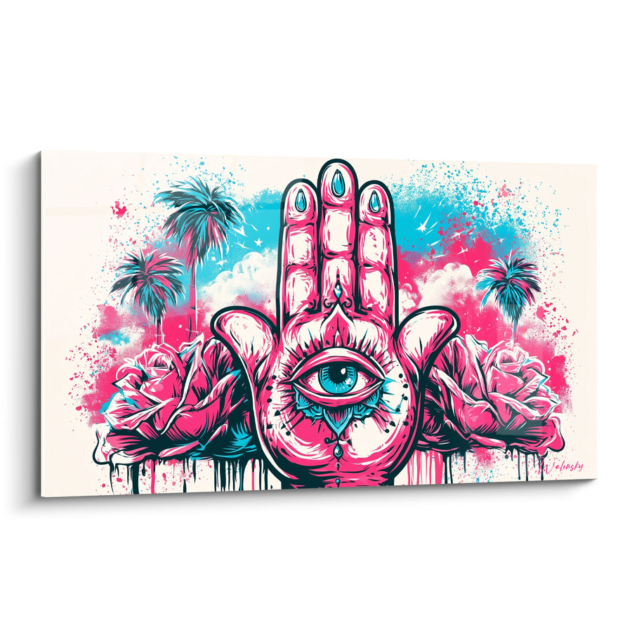 Fatma Hand Pink and Turquoise with Palm Trees Painting - Dripping Roses and Birds - Fatma Hand Edition