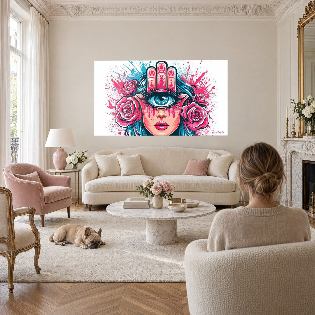Tableau visage de femme aux cheveux bleus et roses pourpres, main de fatma, femme et bulldog, au-dessus d'un canapé dans un salon lumineux