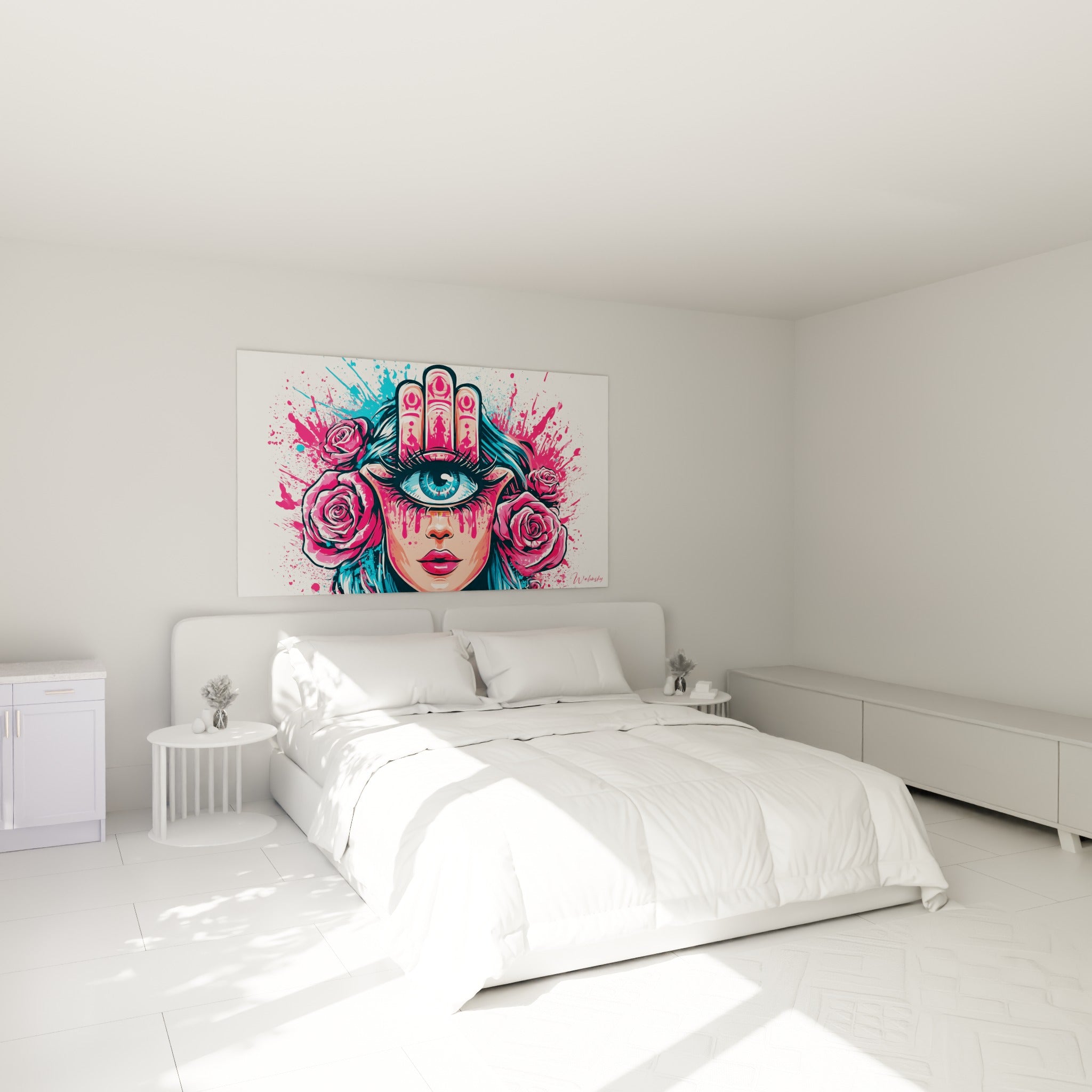 Visage Main de fatma aux roses fuchsia et œil bleu intense au-dessus d'un lit dans une chambre claire