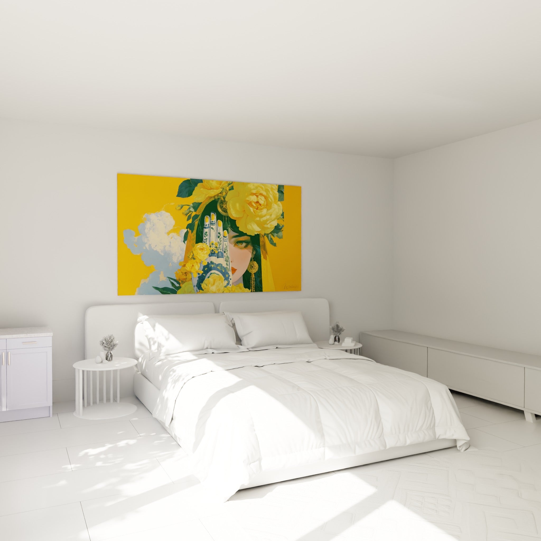 Roses jaunes et main peinte bleu marine encadrant un regard, accrochées au-dessus d'un lit dans une chambre claire