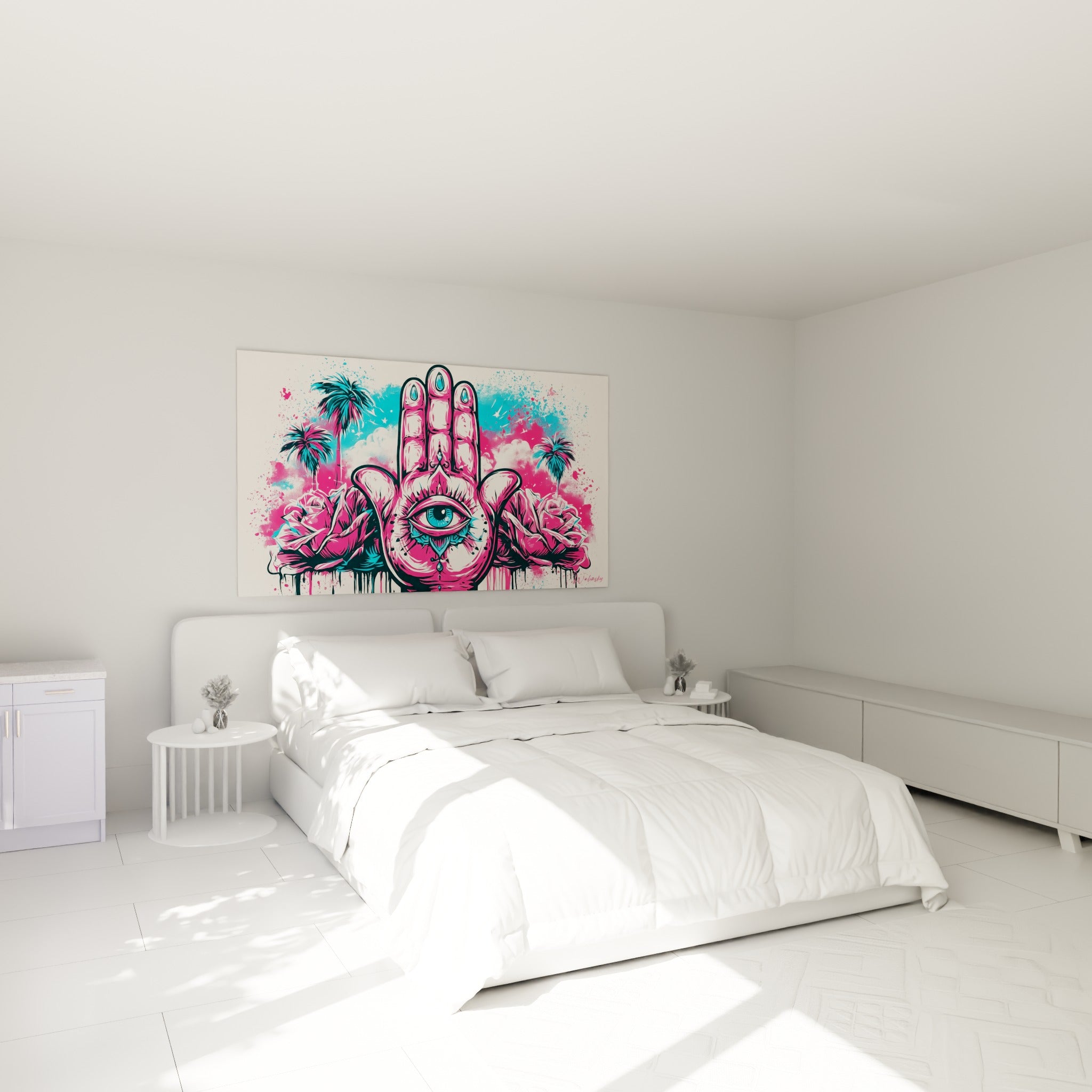 Paume protectrice rose et bleu ornée de roses, œuvre accrochée au-dessus d'un lit dans une chambre claire