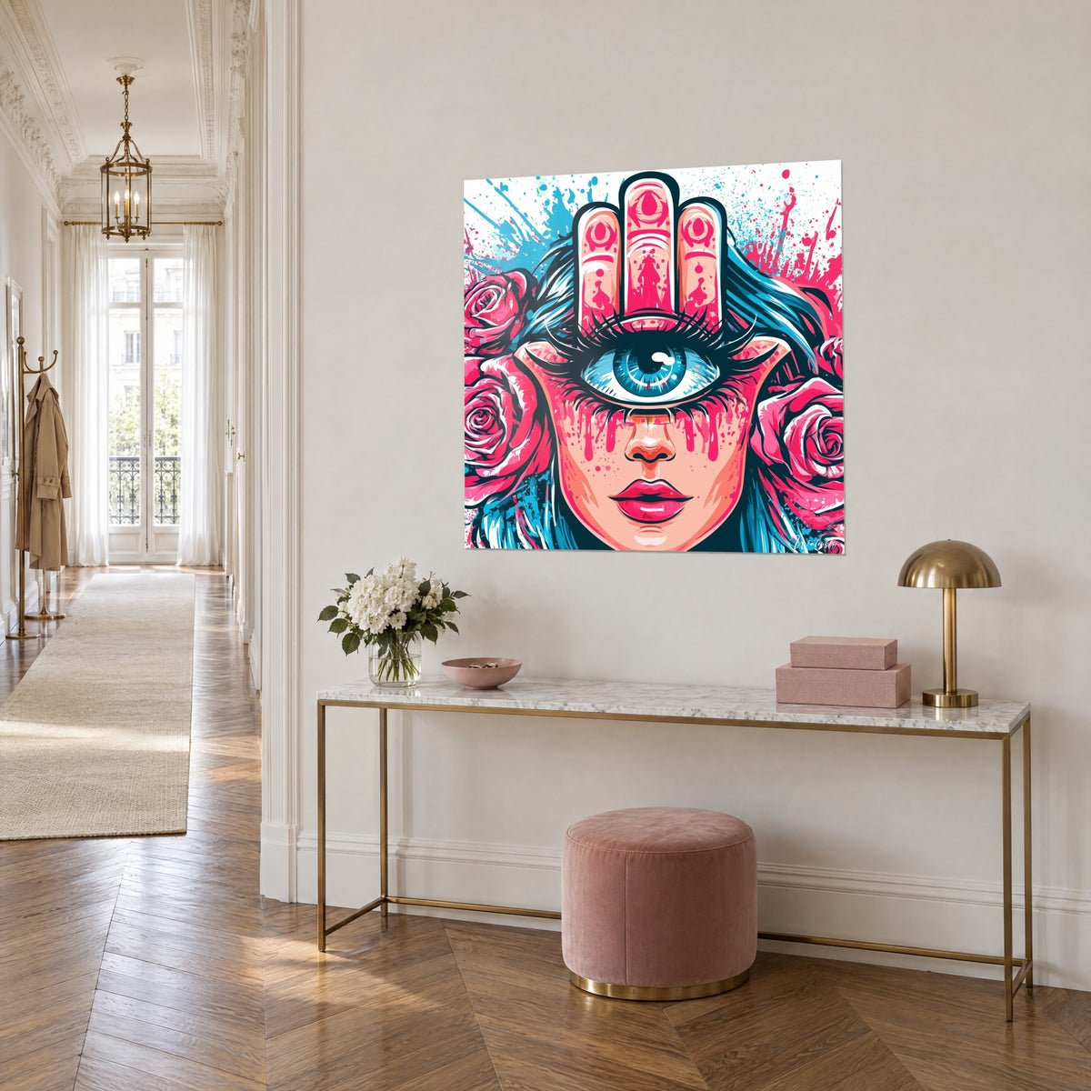 Tableau main de Fatma à trois doigts roses ornés, œil bleu cerné de cils noirs, vu de trois-quarts au-dessus d'une console dorée