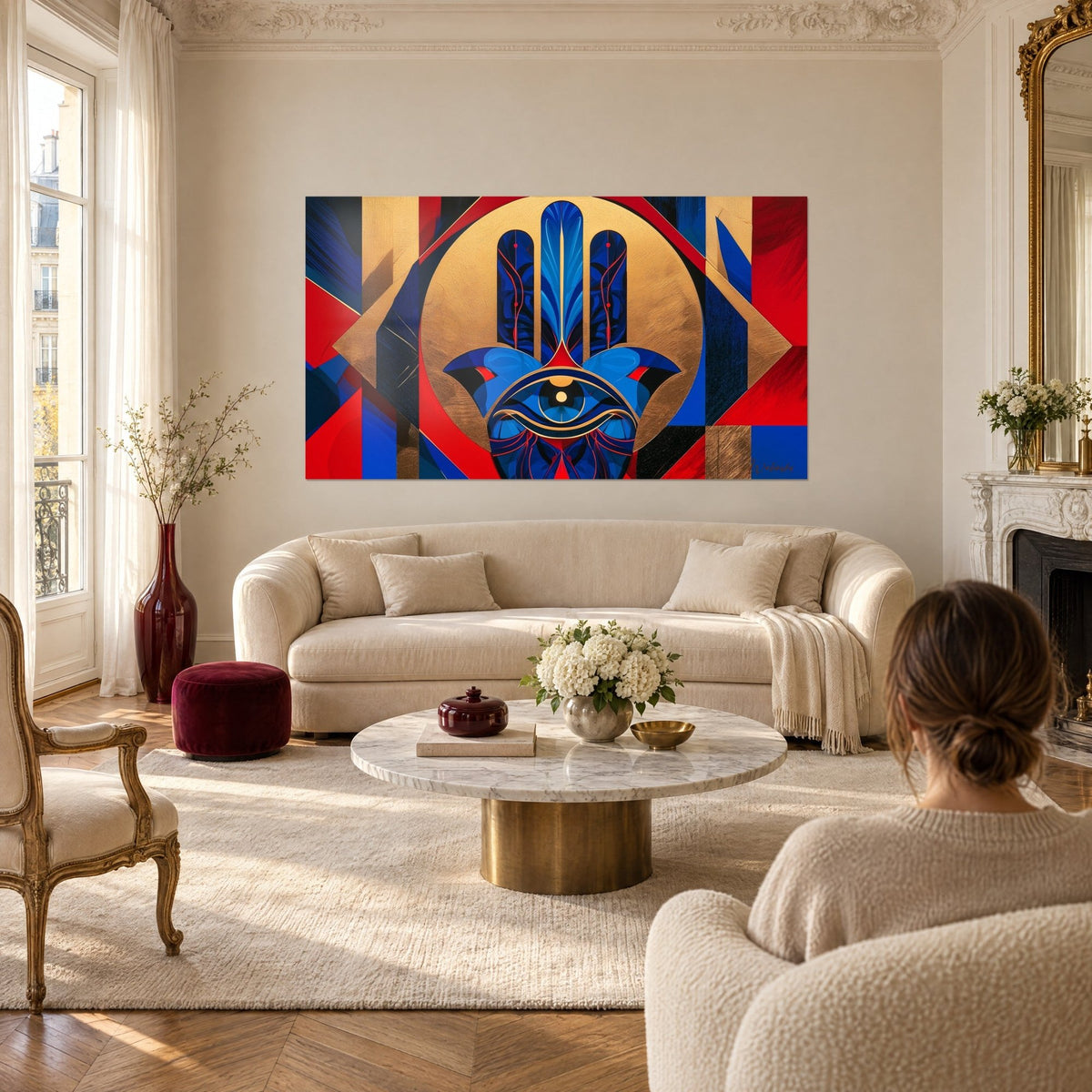 Tableau main de Fatma aux doigts bleu cobalt sur disque doré et fond rouge cubiste, au-dessus d'un canapé dans un salon lumineux