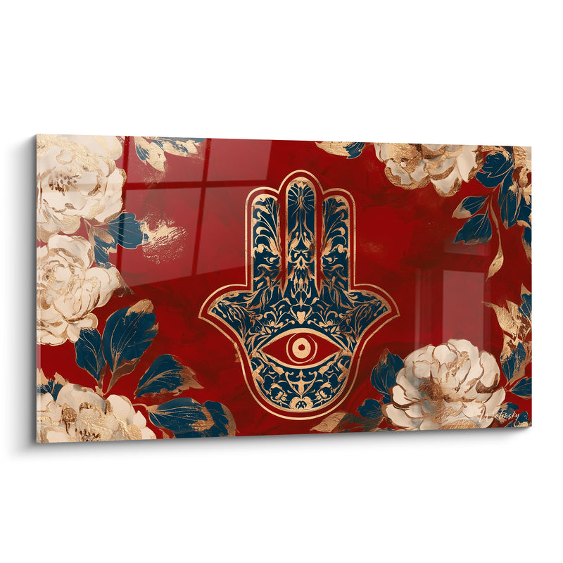 Tableau Main de fatma rouge et bleu marine aux pivoines ivoire - Œil ambré serti - Edition Main de fatma