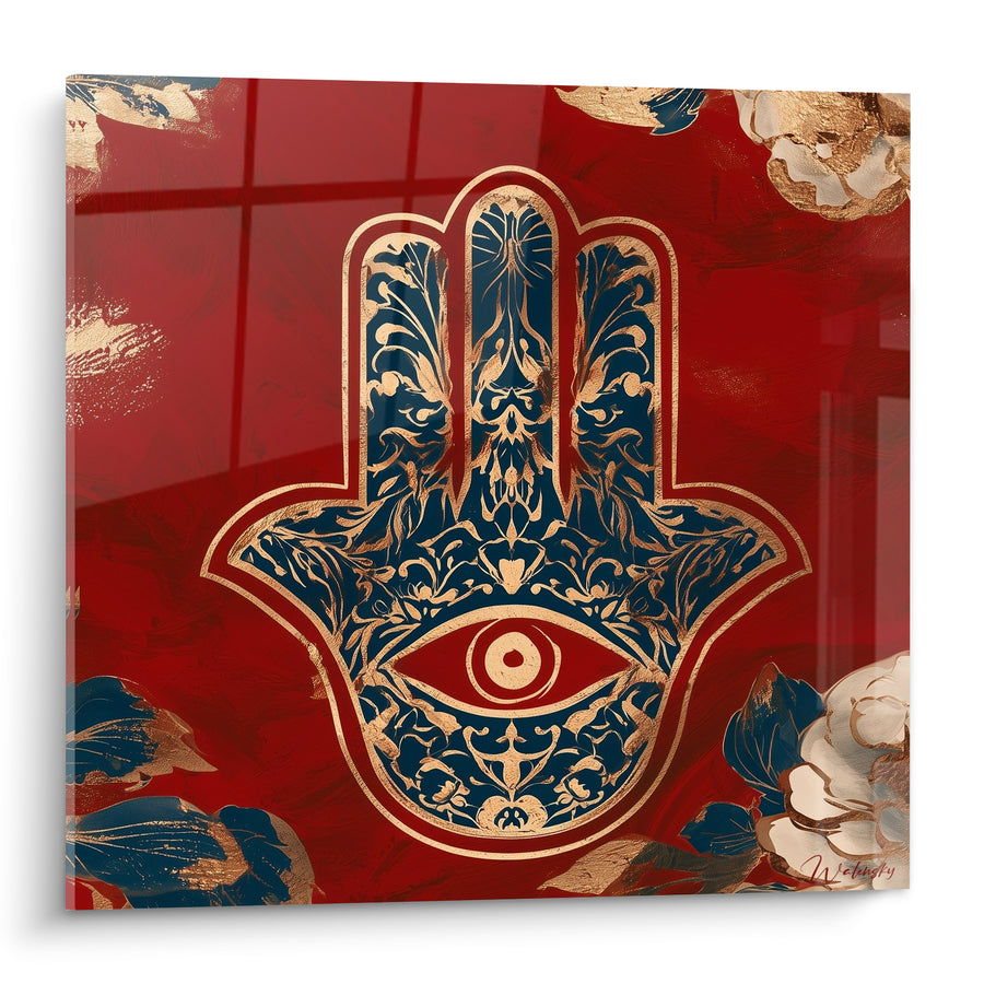 Fatma Hand Painting Red and Navy Blue with Peonies - Central Ruby Eye - Fatma Hand Edition