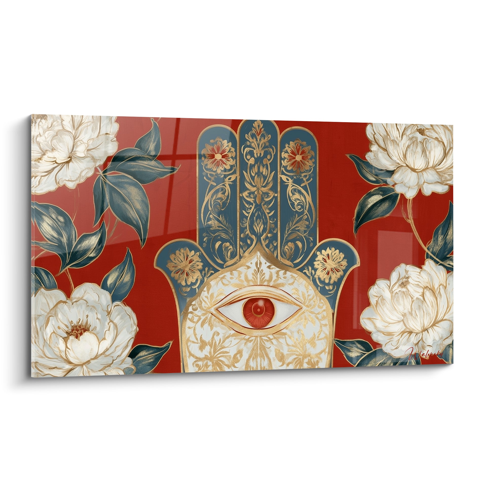 Main de fatma dorée et rouge avec œil protecteur entourée de pivoines blanches et feuillage bleu