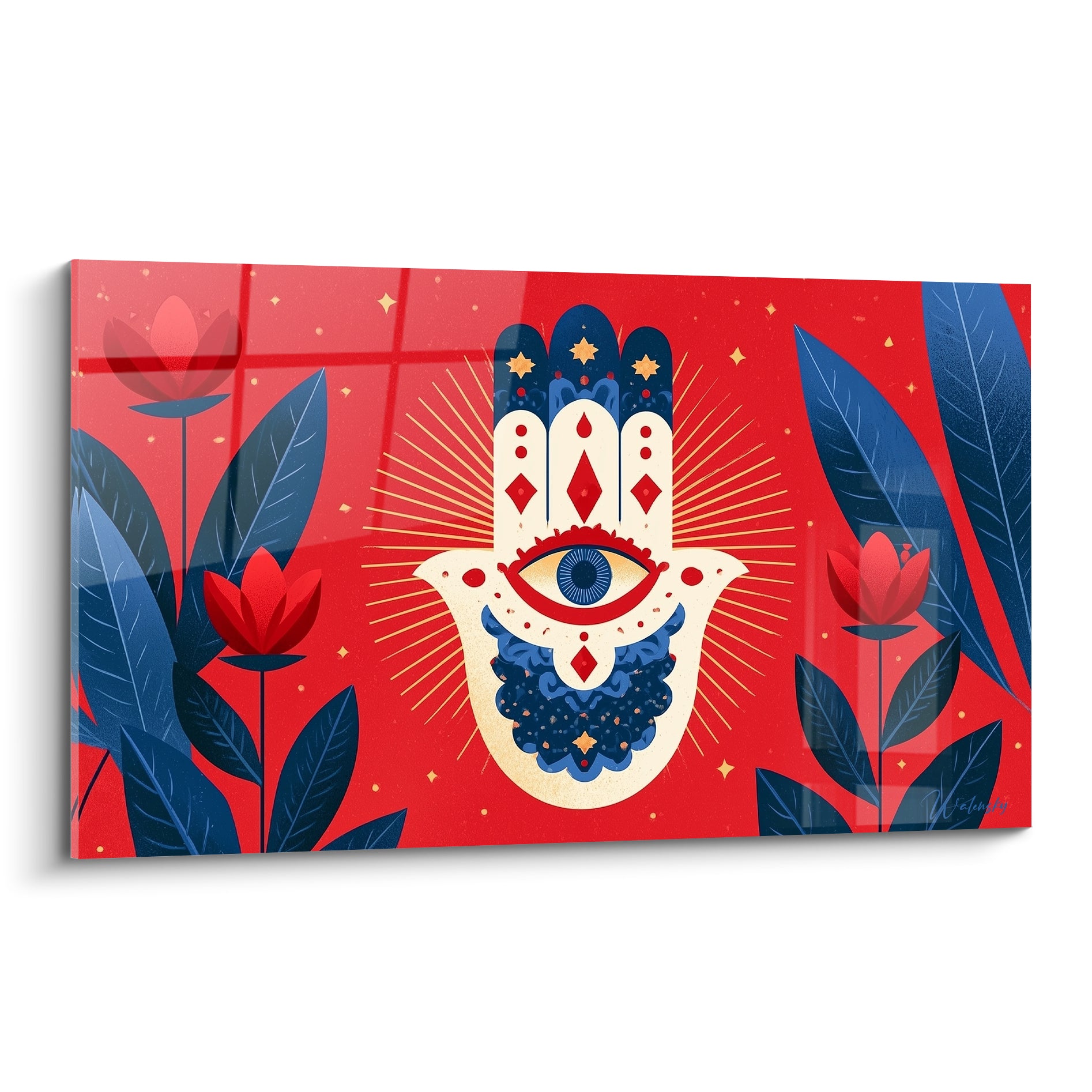 Main de fatma rouge et ivoire avec œil bleu marine, fleurs rouges et rayons dorés