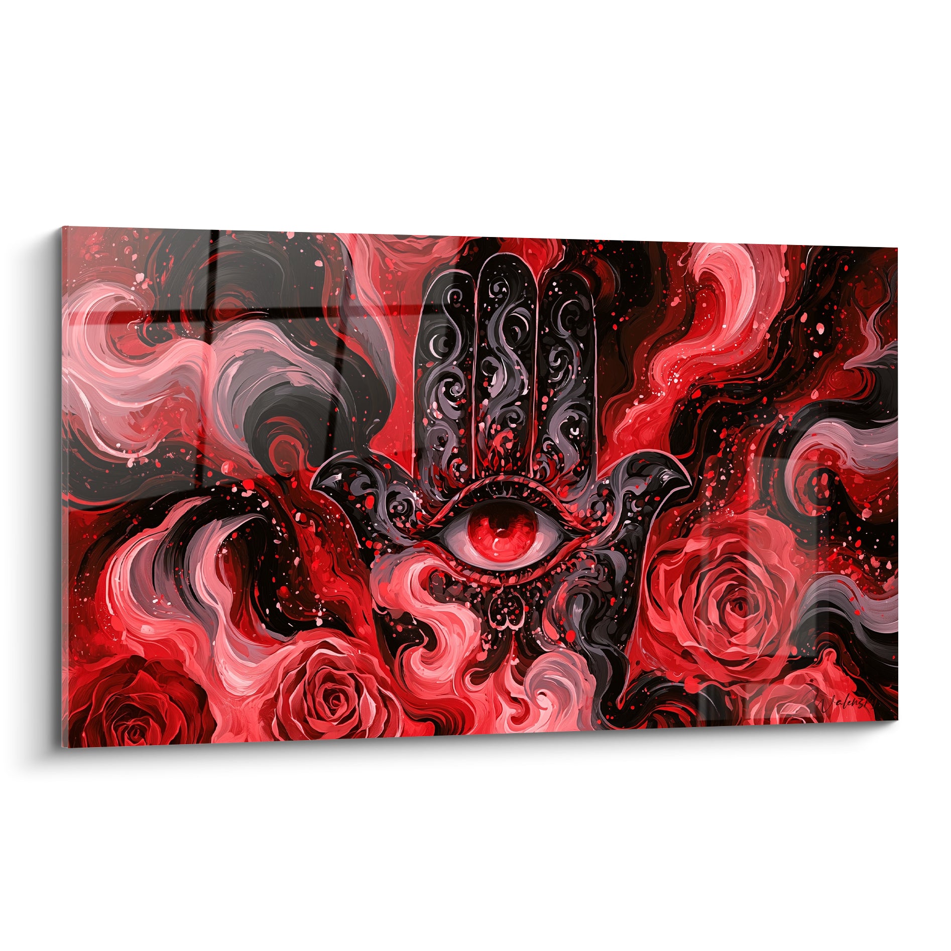Main de fatma rouge et noire à l'œil écarlate entourée de roses et volutes ardentes