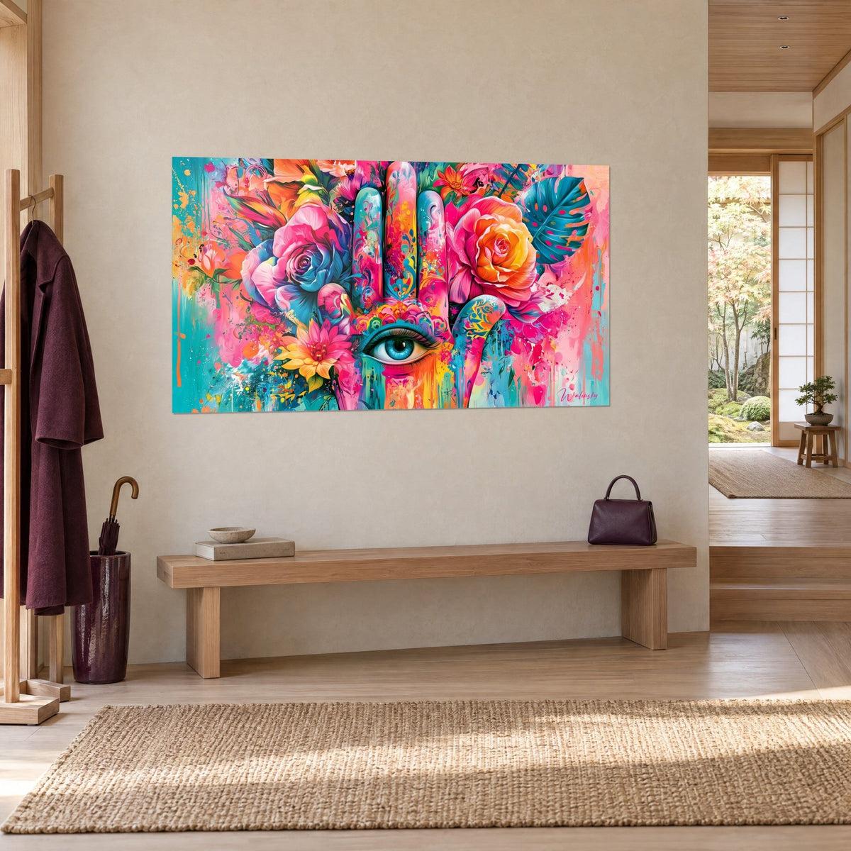 Tableau paume fleurie peinte en éclaboussures rose vif et turquoise, grande rose orangée à droite, accroché près d'un banc en bois clair