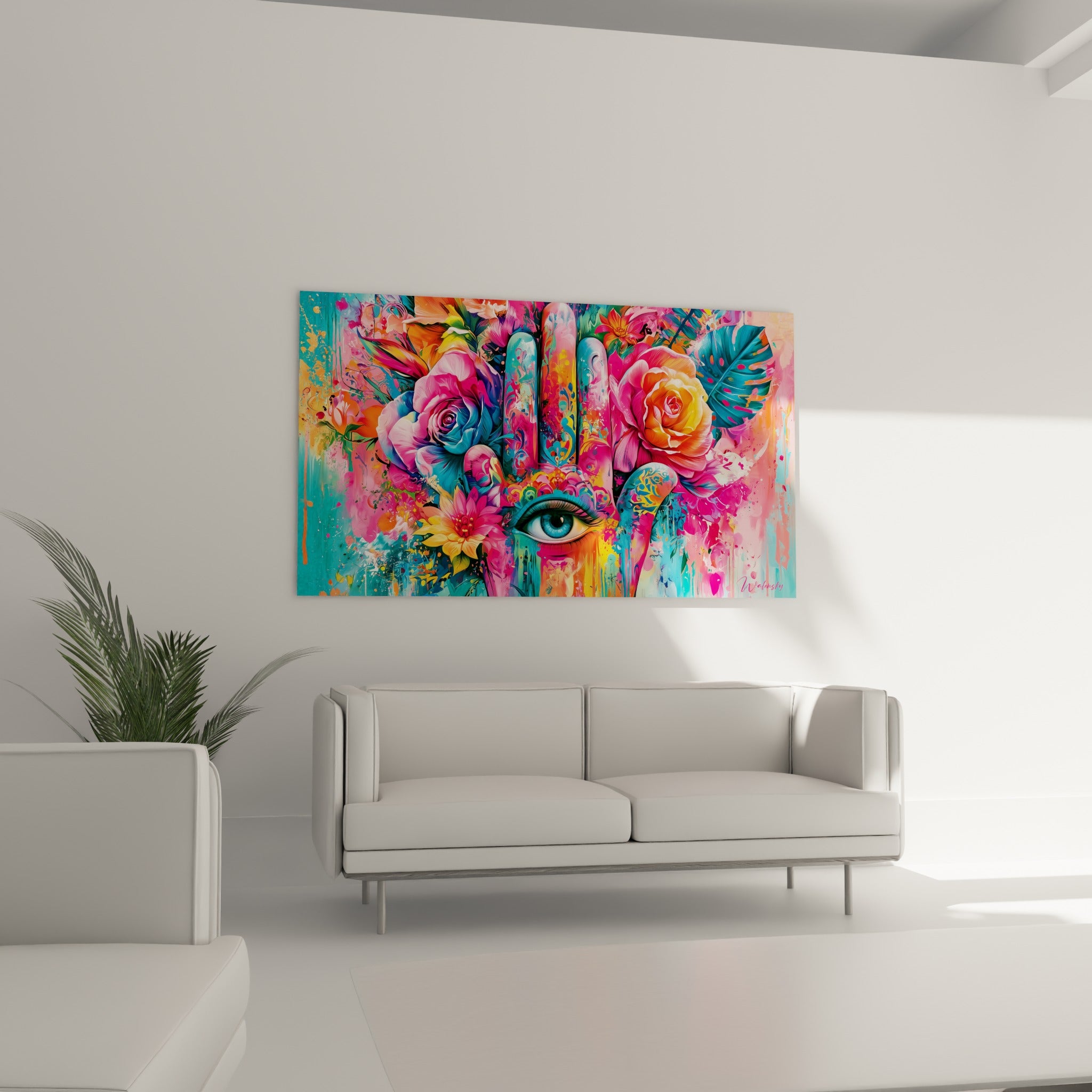 Œil bleu peint au centre d'une Main de Fatma colorée, exposée au-dessus d'un canapé dans un salon lumineux