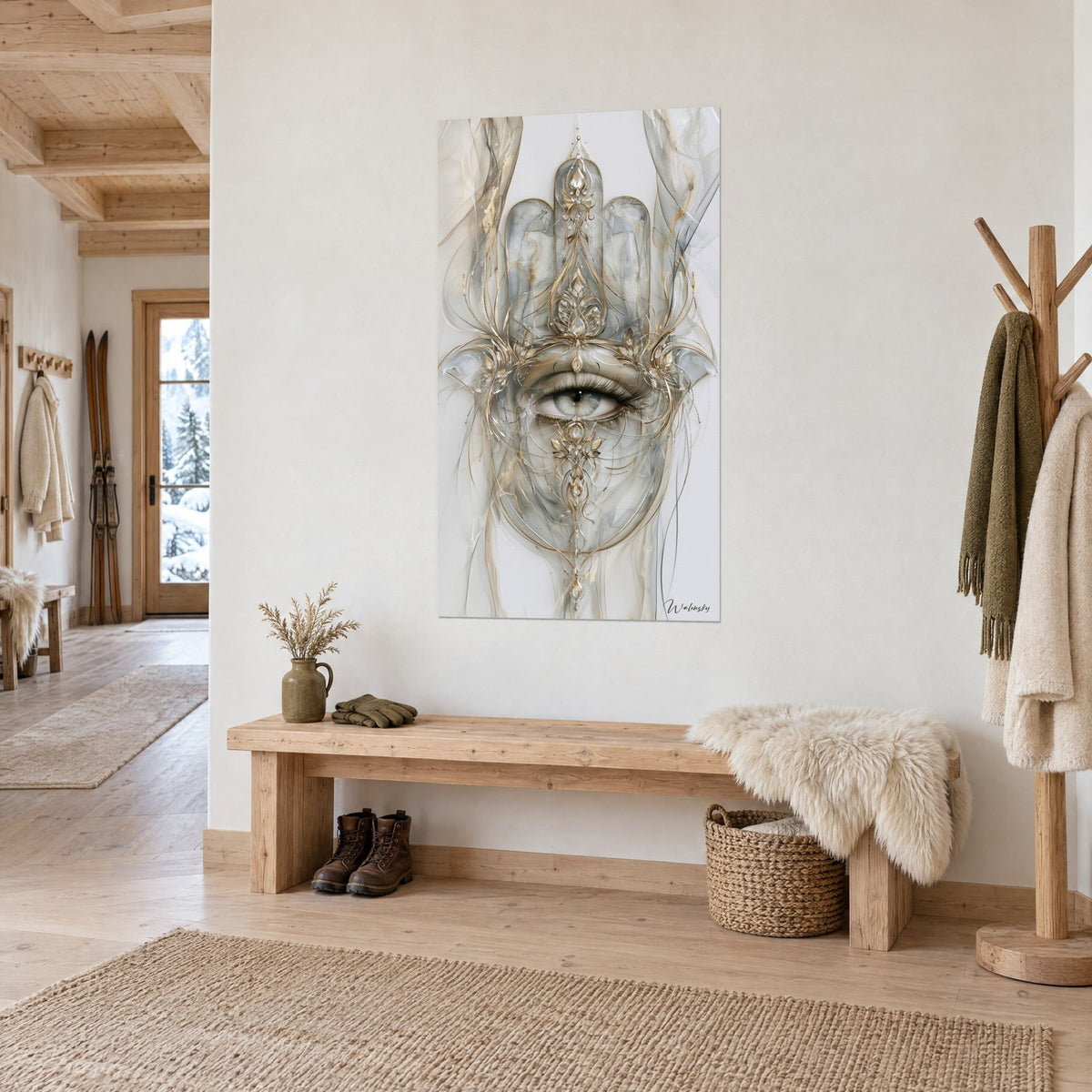 Wall art hamsa talisman with gold scrolls and pearl-grey veils, aquamarine iris at the centre, on a white entrance wall of a chalet