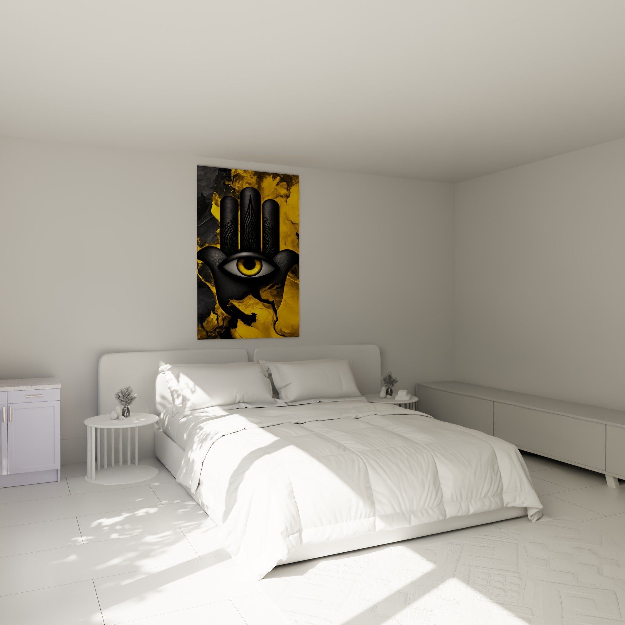 Symbole protecteur noir et jaune de la main de fatma au-dessus d'un lit dans une chambre claire