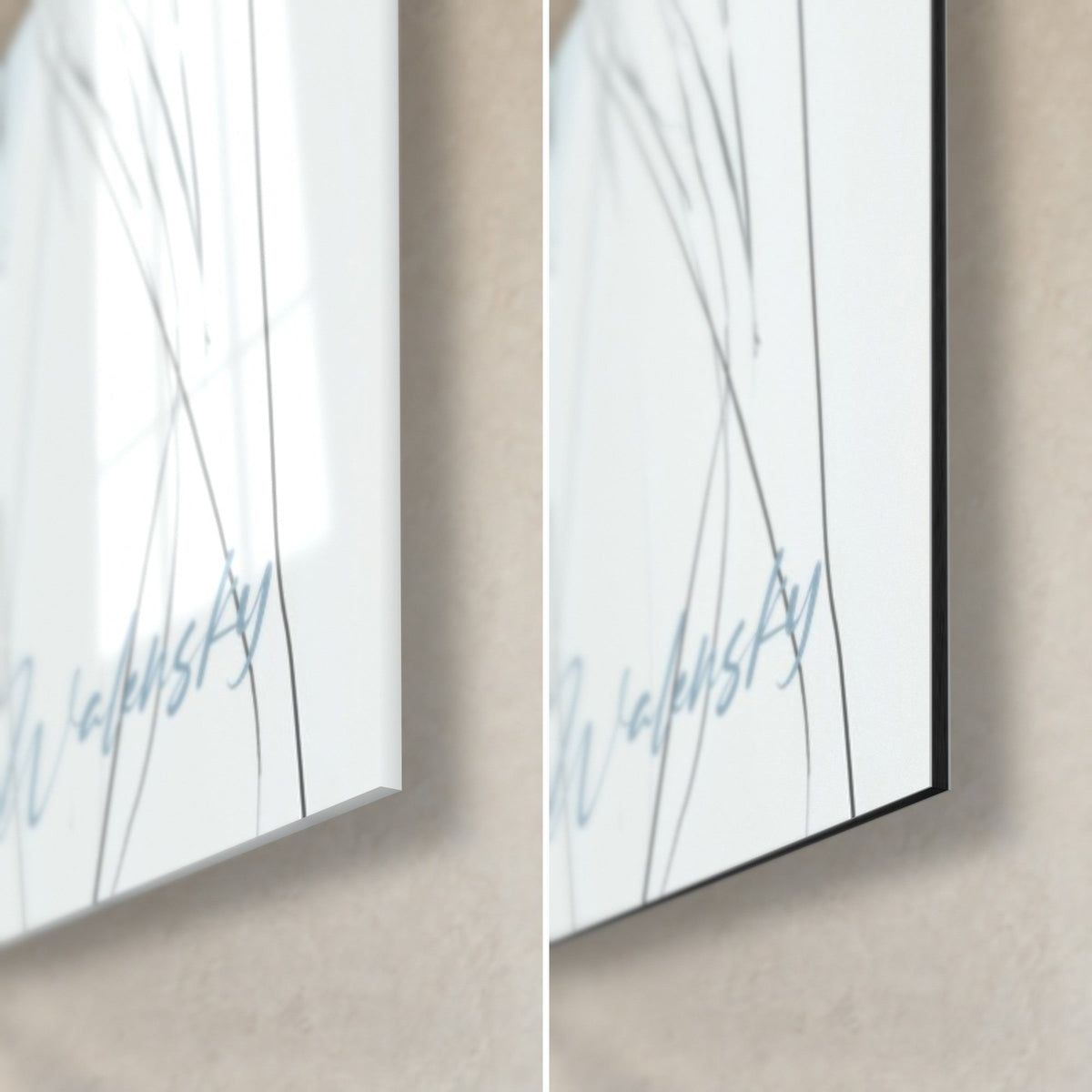 Quadro giovane donna con acconciatura occhio di Fatima, angolo in basso a destra: vetro lucido e riflessi, Dibond nero opaco, spessore 3 mm, firma blu