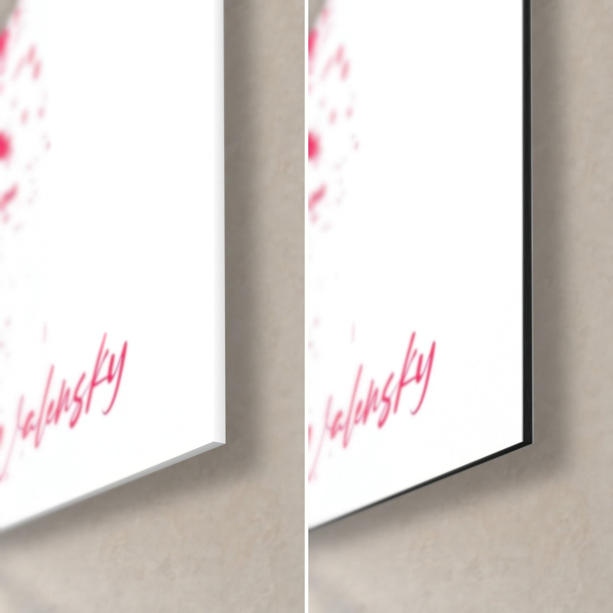 Tableau portrait aux éclaboussures roses, coin bas droit : verre acrylique brillant à gauche, Dibond noir mat à droite, signature rose