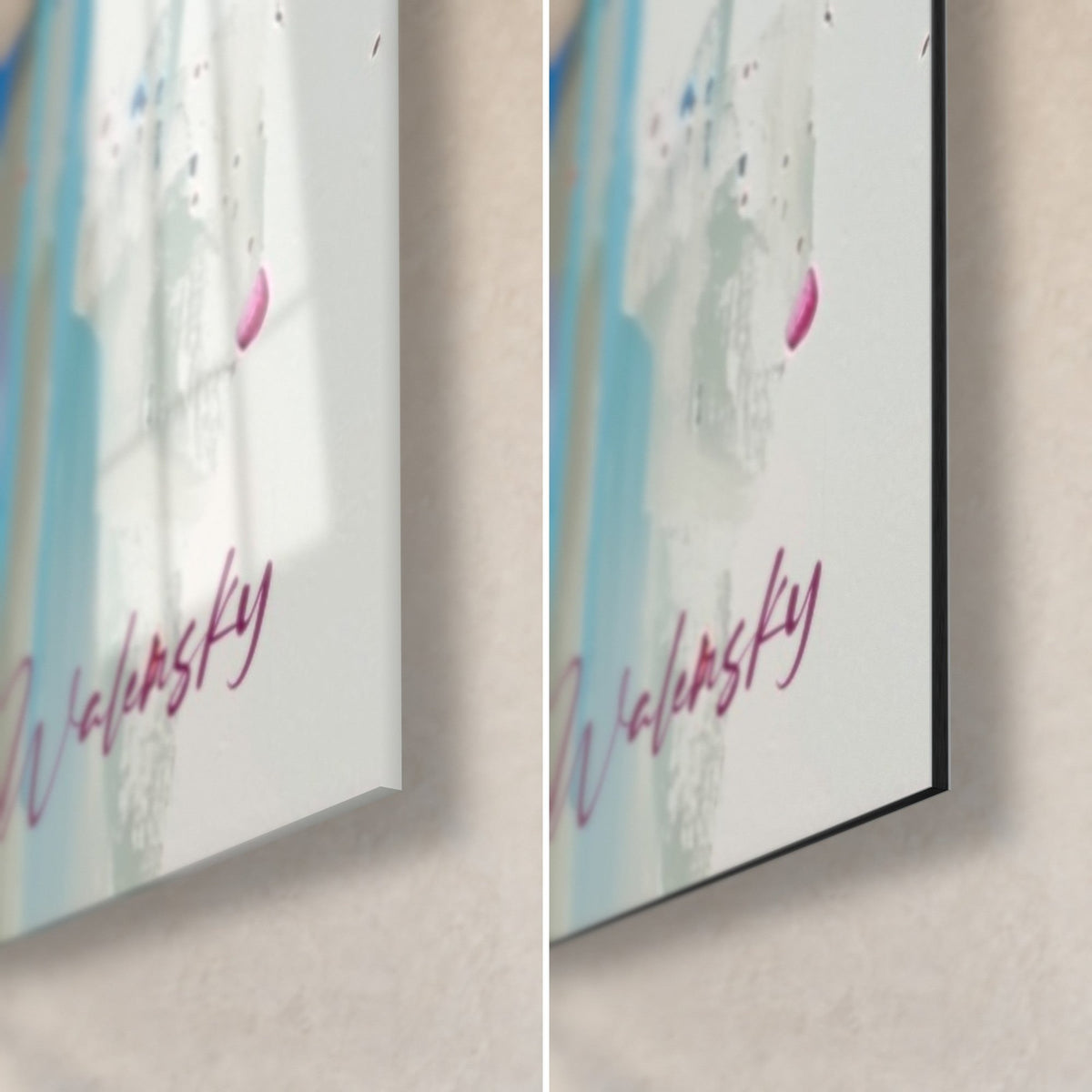 Tableau œil arc-en-ciel, coin bas droit : verre acrylique brillant à gauche, Dibond noir mat à droite, signature magenta