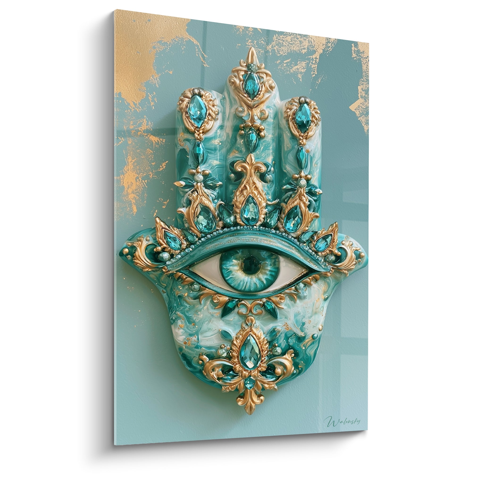 Main de fatma turquoise et dorée sertie d'un œil protecteur orné de pierres vertes