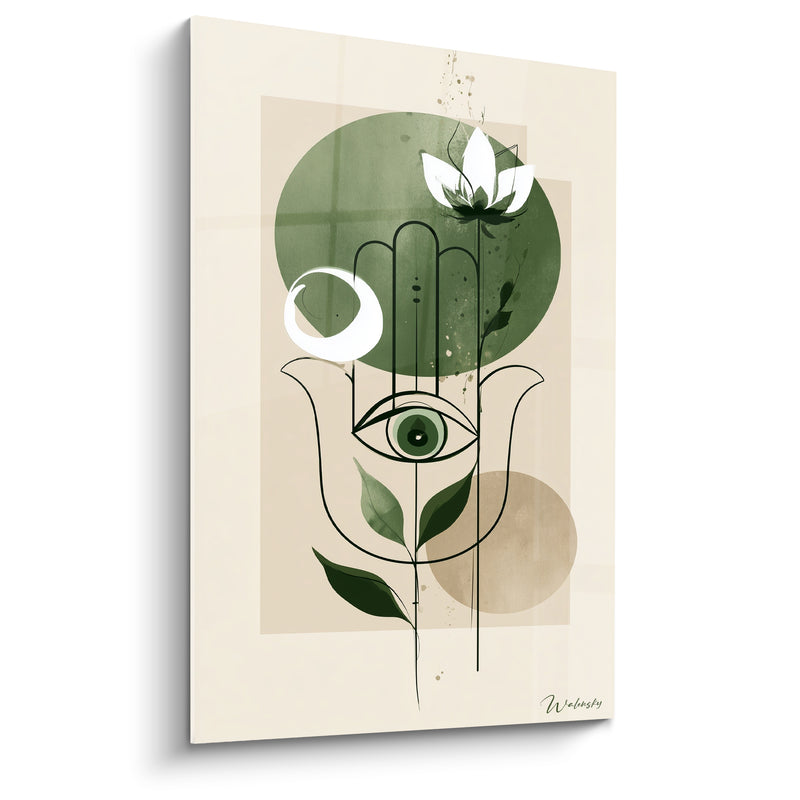 Tableau Main de fatma verte et beige au lotus blanc - Croissant de lune - Edition Main de fatma