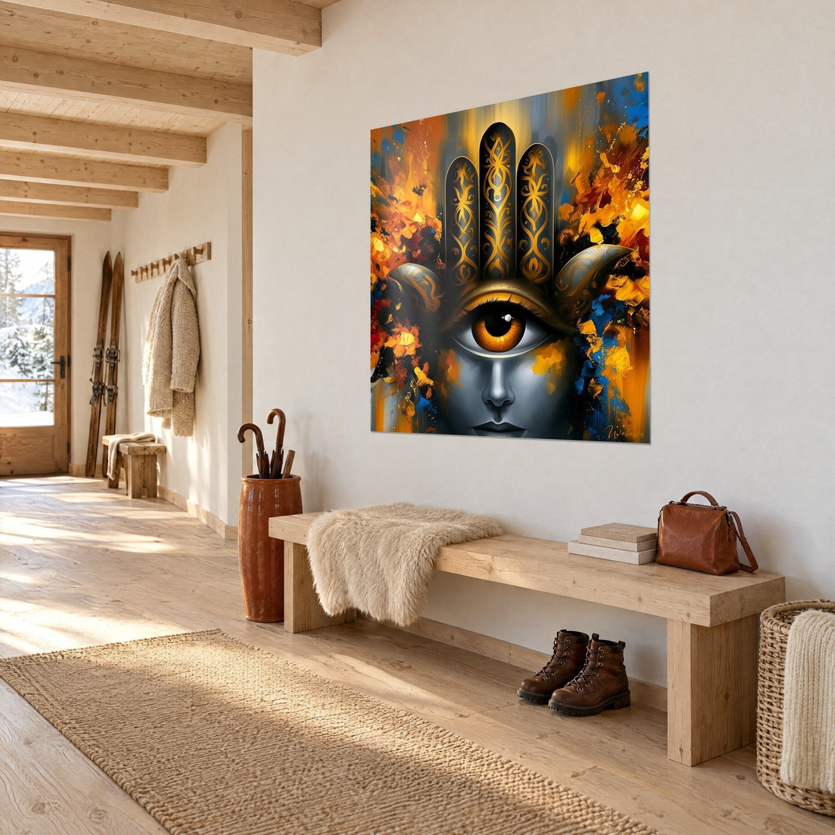Tableau talisman hamsa à œil protecteur ambré sur visage gris, fond d'éclats safran et cobalt, mur blanc d'une entrée de chalet