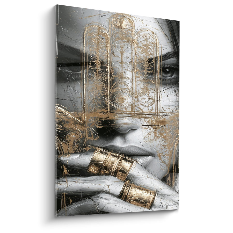 Fatma Hand Painting Gray and Gold with Stacked Rings - Fingers Joined Against Lips - Fatma Hand Edition