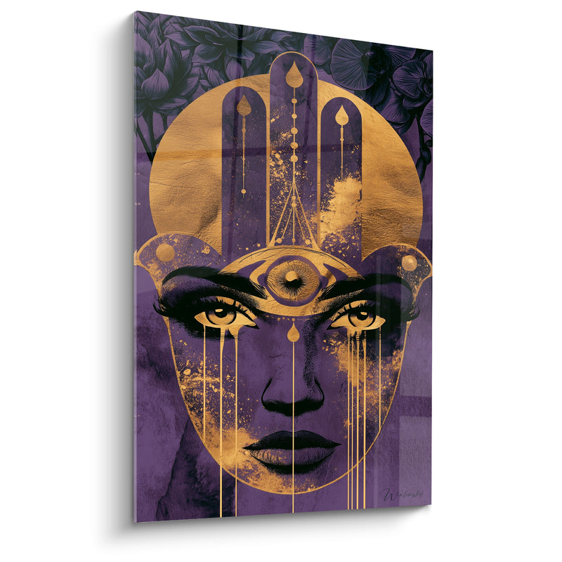 Tableau Visage violet et doré au troisième œil - Coulures de larmes dorées - Edition Main de fatma