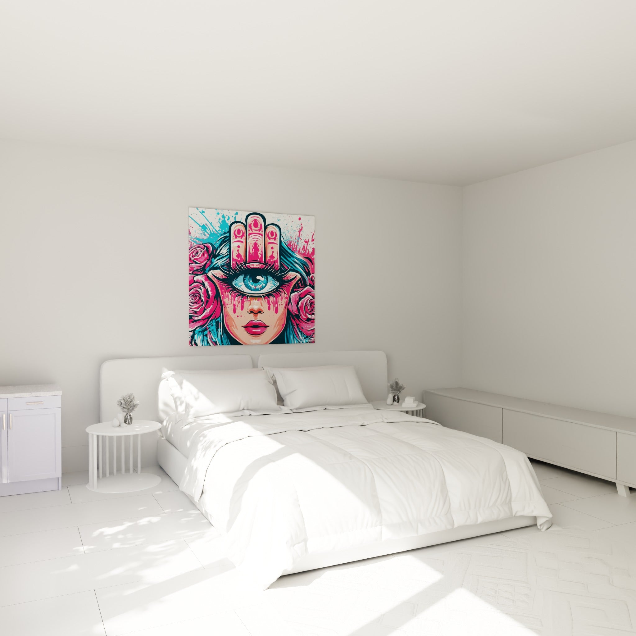 Visage à œil bleu cerné de roses fuchsia surmonté d'une main rose, accroché au-dessus d'un lit dans une chambre claire.