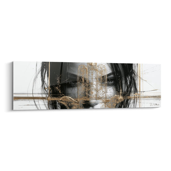 Visage féminin noir et blanc voilé par une Main de Fatma dorée, motifs orientaux détaillés