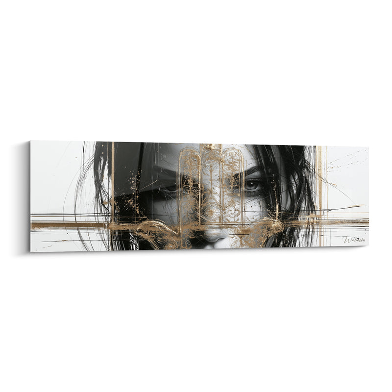Tableau Main de fatma noire et dorée sur portrait esquissé - Chevelure sombre dénouée - Edition Main de fatma