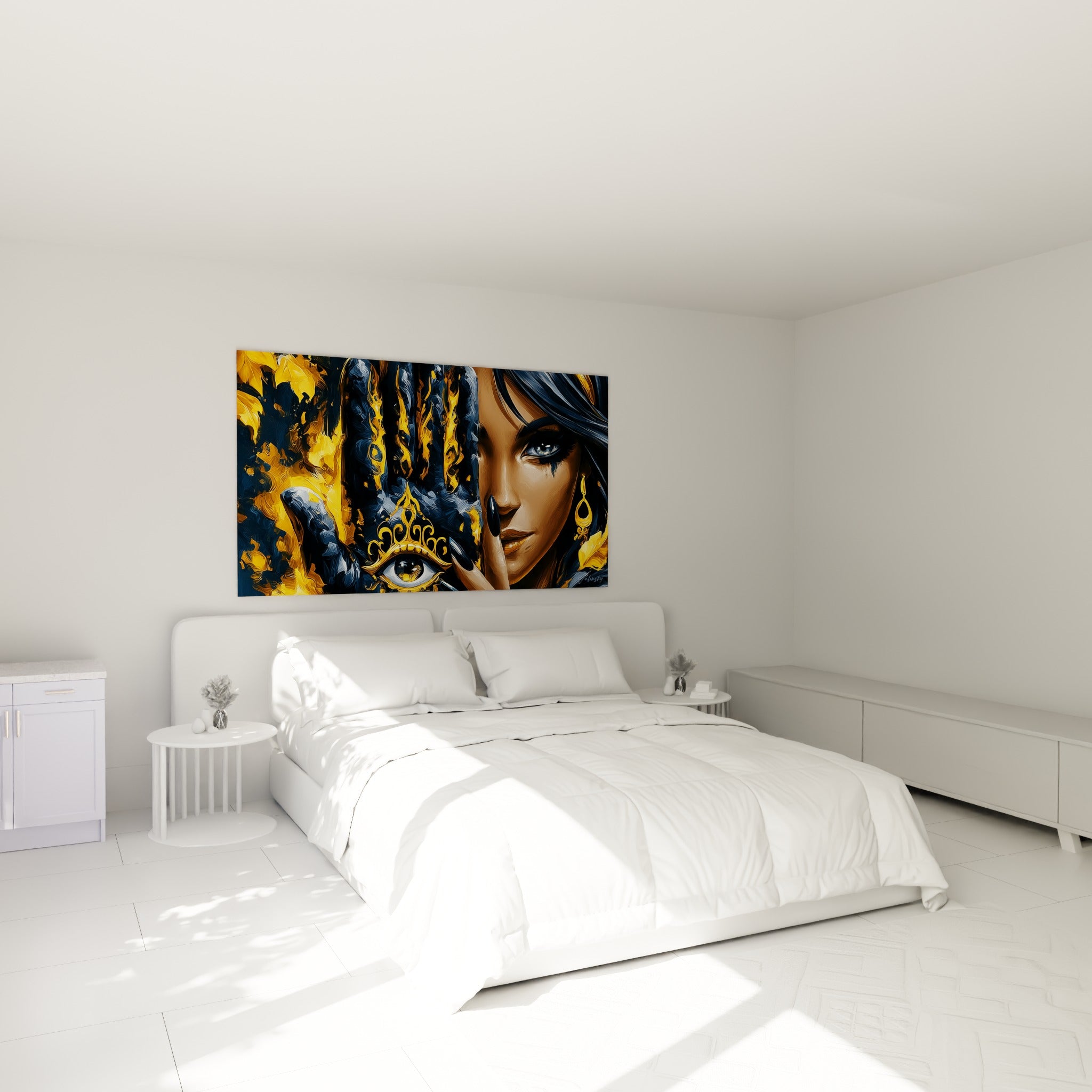 Visage aux yeux bleus et main dorée gravée d'un œil, au-dessus d'un lit dans une chambre claire