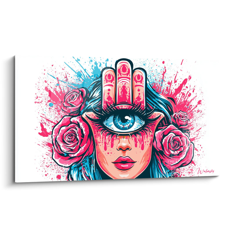 Tableau Visage rose et bleu aux larmes dorées - Éclaboussures graphiques et roses - Edition Main de fatma