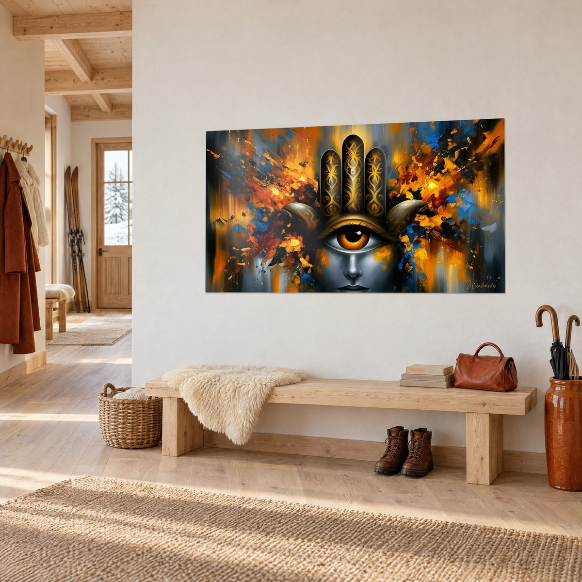 Tableau hamsa aux doigts ornés d'arabesques dorées sur fond noir, éclaboussures orange et bleues, banc en bois d'un chalet