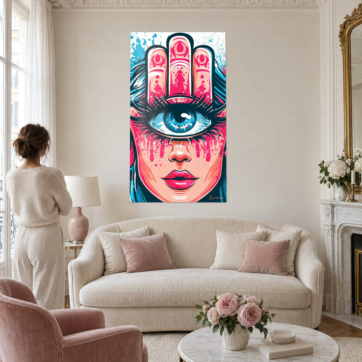 Tableau visage de femme à l'œil bleu géant sous une main rose aux trois doigts, éclaboussures turquoise, au-dessus d'un canapé dans un salon lumineux