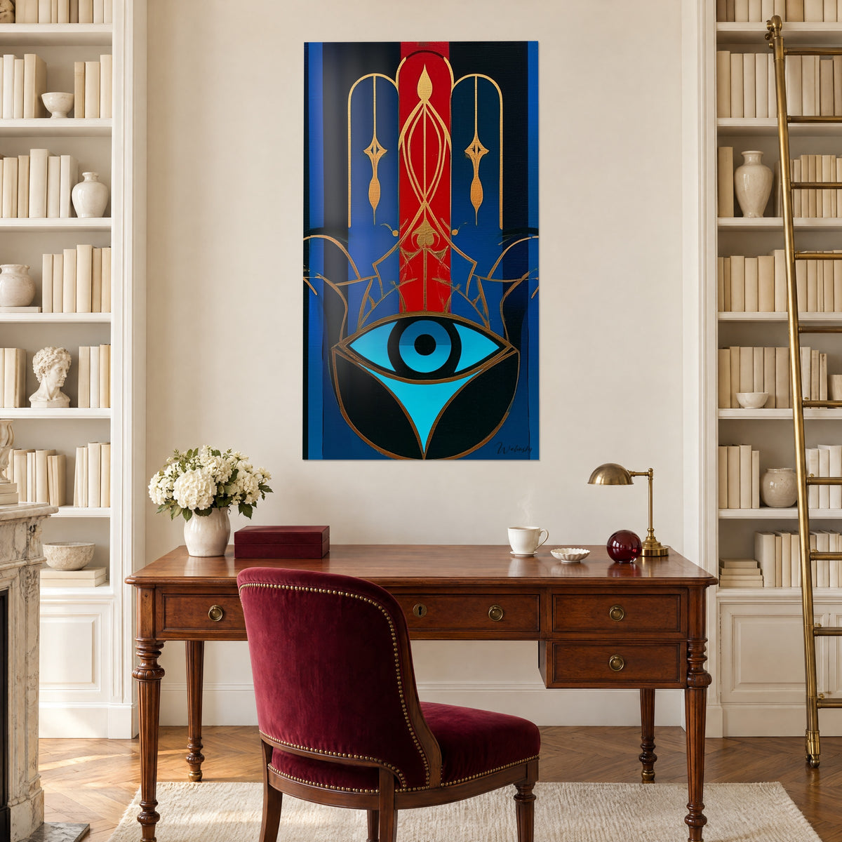 Cuadro talismán con ojo azul cielo, cinta roja central y arabescos dorados, encima de un escritorio de madera y estanterías