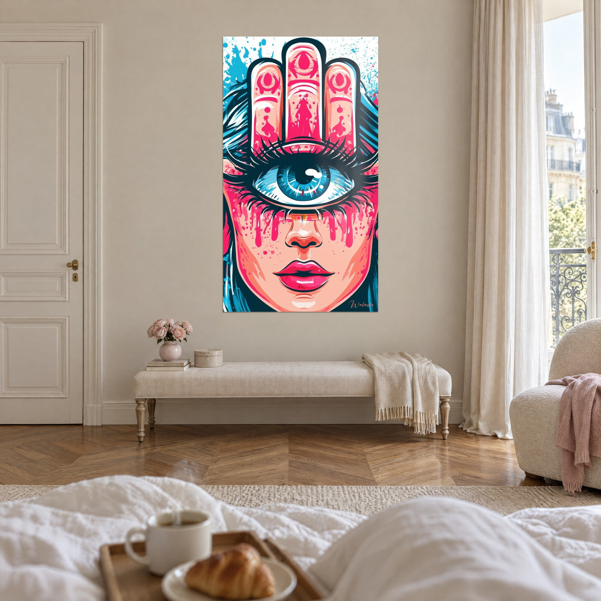 Wall art pop art portrait, glossy raspberry lips and azure eye topped by an ornate hand, above a bed in a bright bedroom