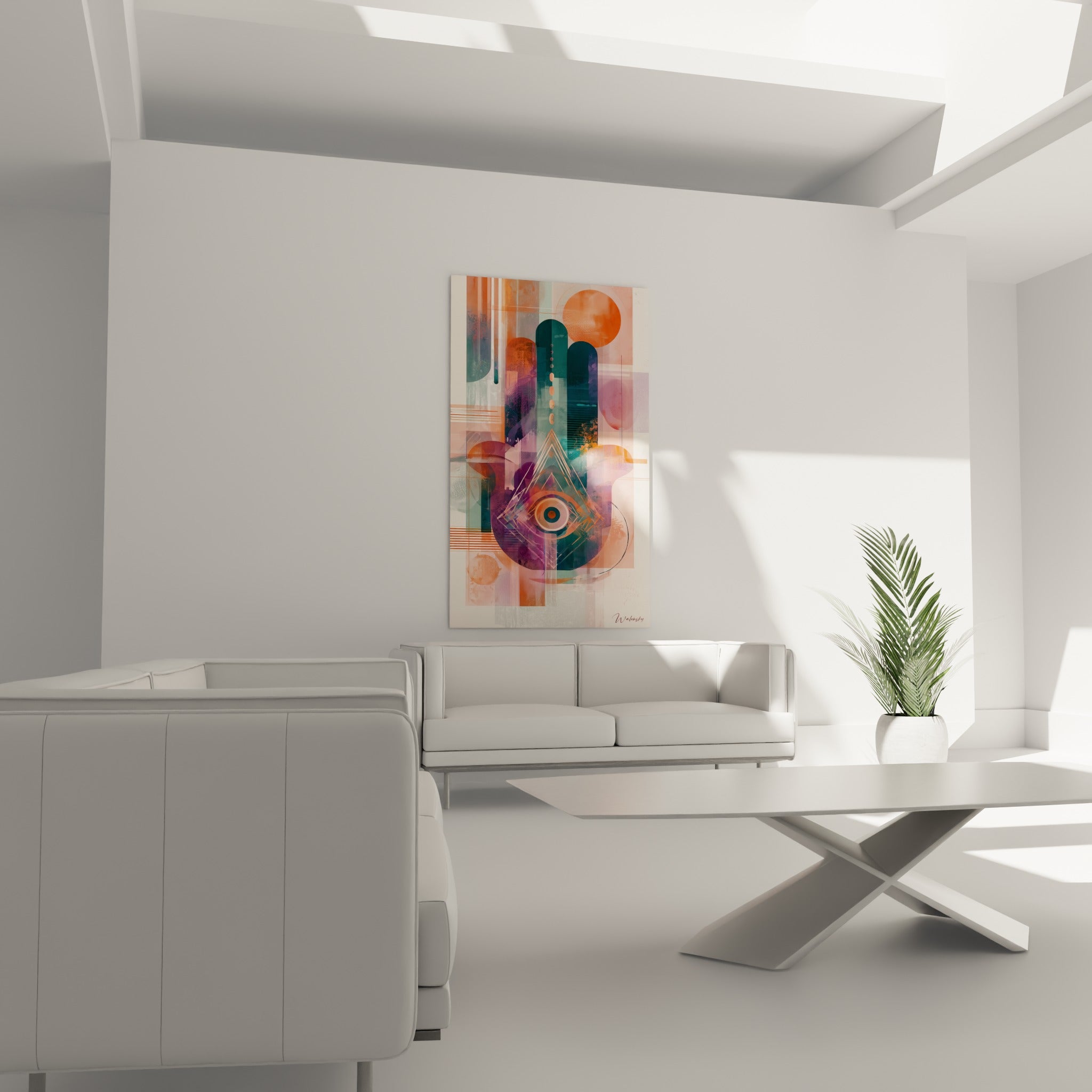 Paume graphique ocre et bleu canard accrochée au-dessus d'un canapé dans un salon lumineux