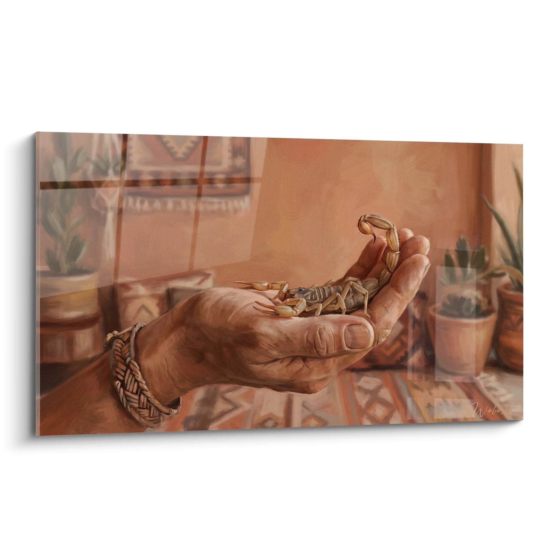 Realistische Hand hält goldenen Skorpion im warmen Licht mit Kupfer- und Ockertonern, mystische Atmosphäre