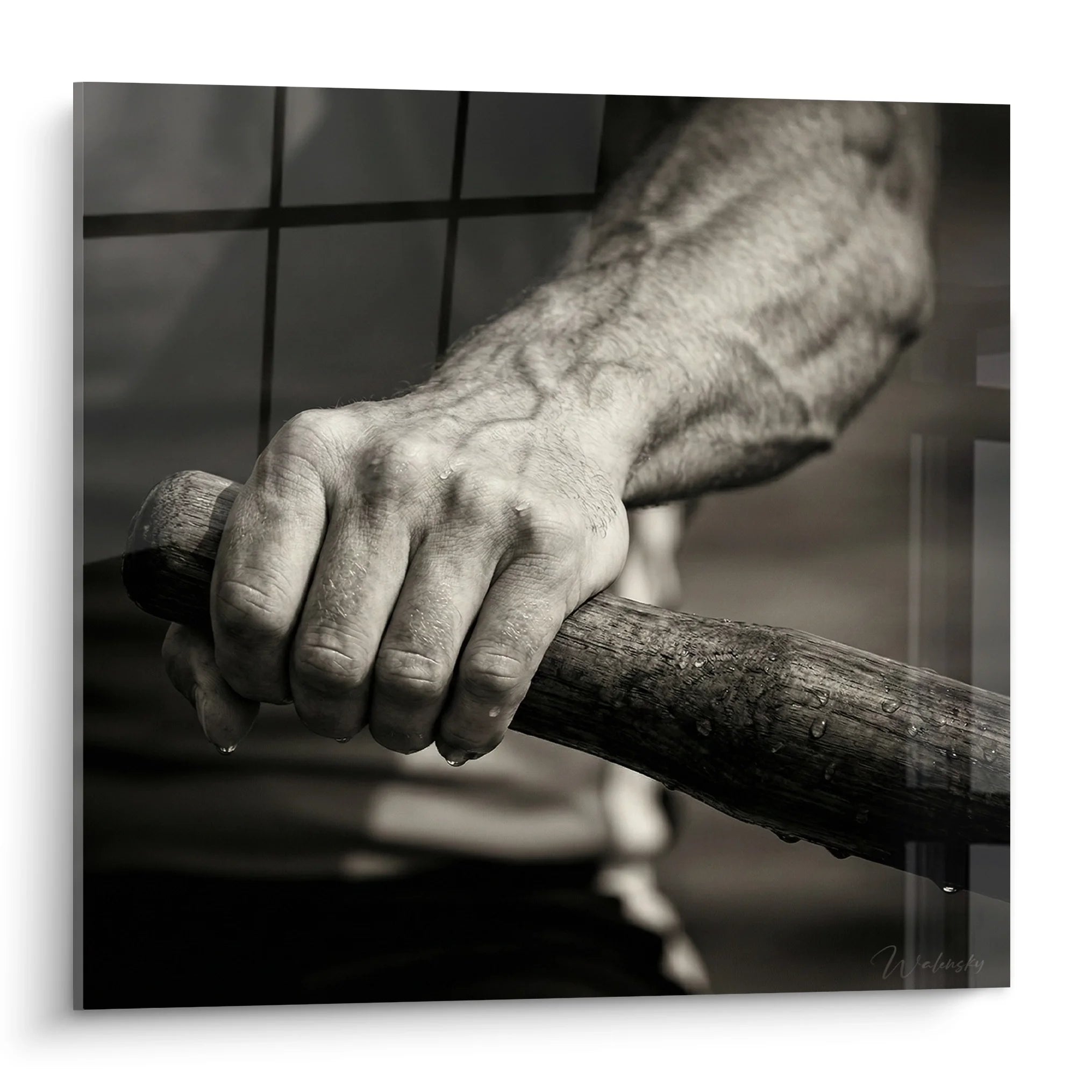 Tableau mains d'aviron noir et blanc montrant la force d'un rameur tenant sa rame