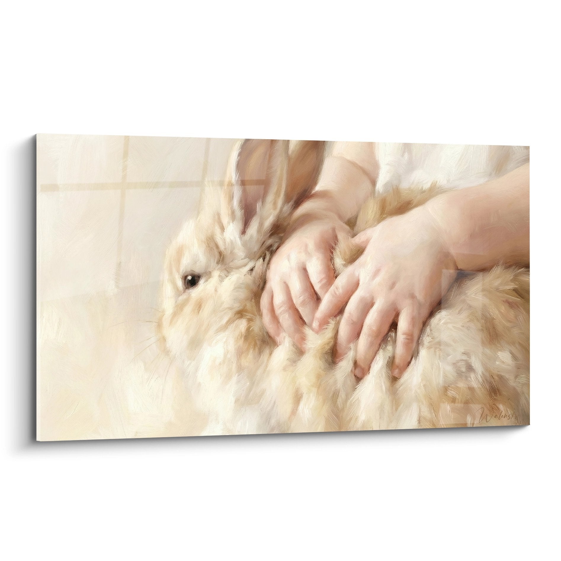 Gemälde Hände streicheln goldenes Kaninchenfell crembeige Töne Wanddekoration natürliche Zärtlichkeit