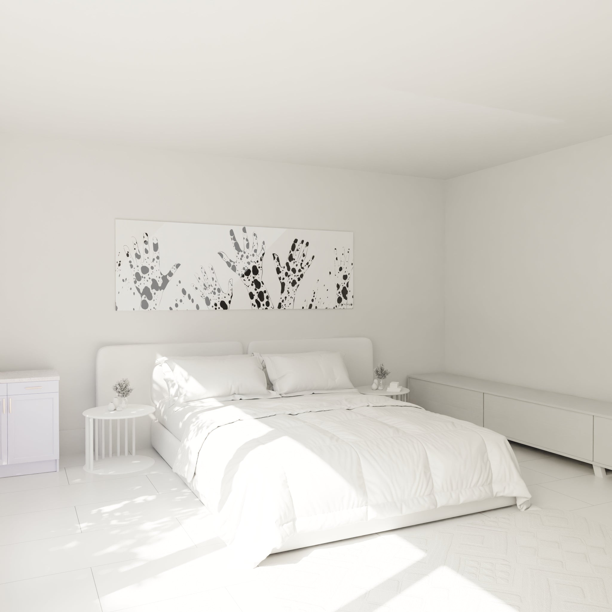 Tableau tacheté noir et blanc Walensky dans une chambre moderne avec un lit lumineux