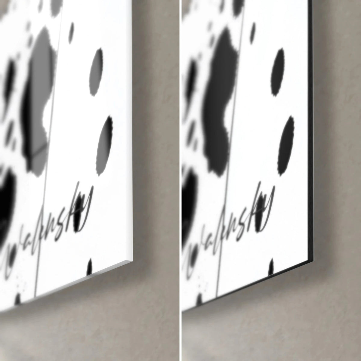 Tableau mains tachetées noir et blanc, coin bas droit : verre brillant à gauche, Dibond mat à droite, tranche de 3 mm