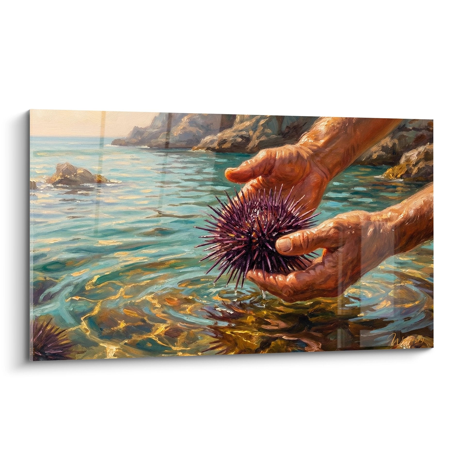 Tableau mains protégeant oursin violet dans eau turquoise aux reflets dorés, art marin protection océanique